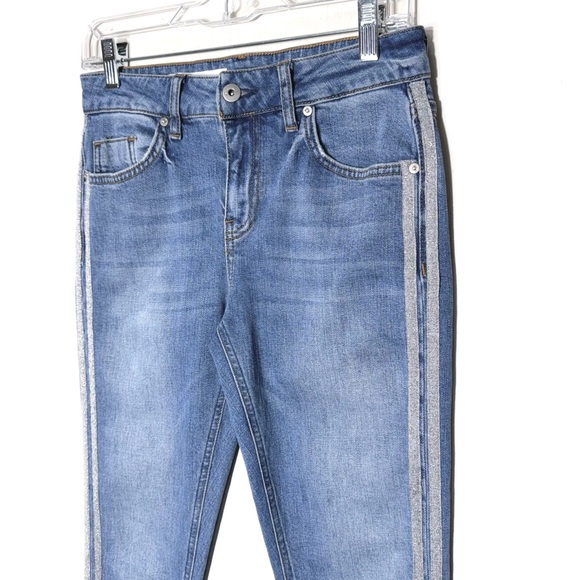 Anthropologie Shimmer Metallic Silver Racer Side Stripe Fringe Hem Cropped Jeans - Picture 7 of 15